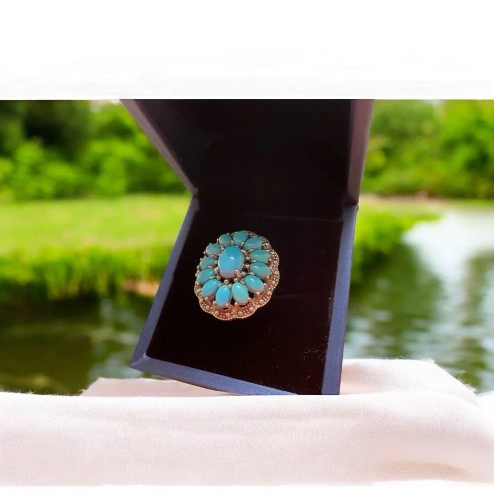Sleeping Beauty Turquoise Squash Blossom Ring size 5-5.25 ~ Exquisite